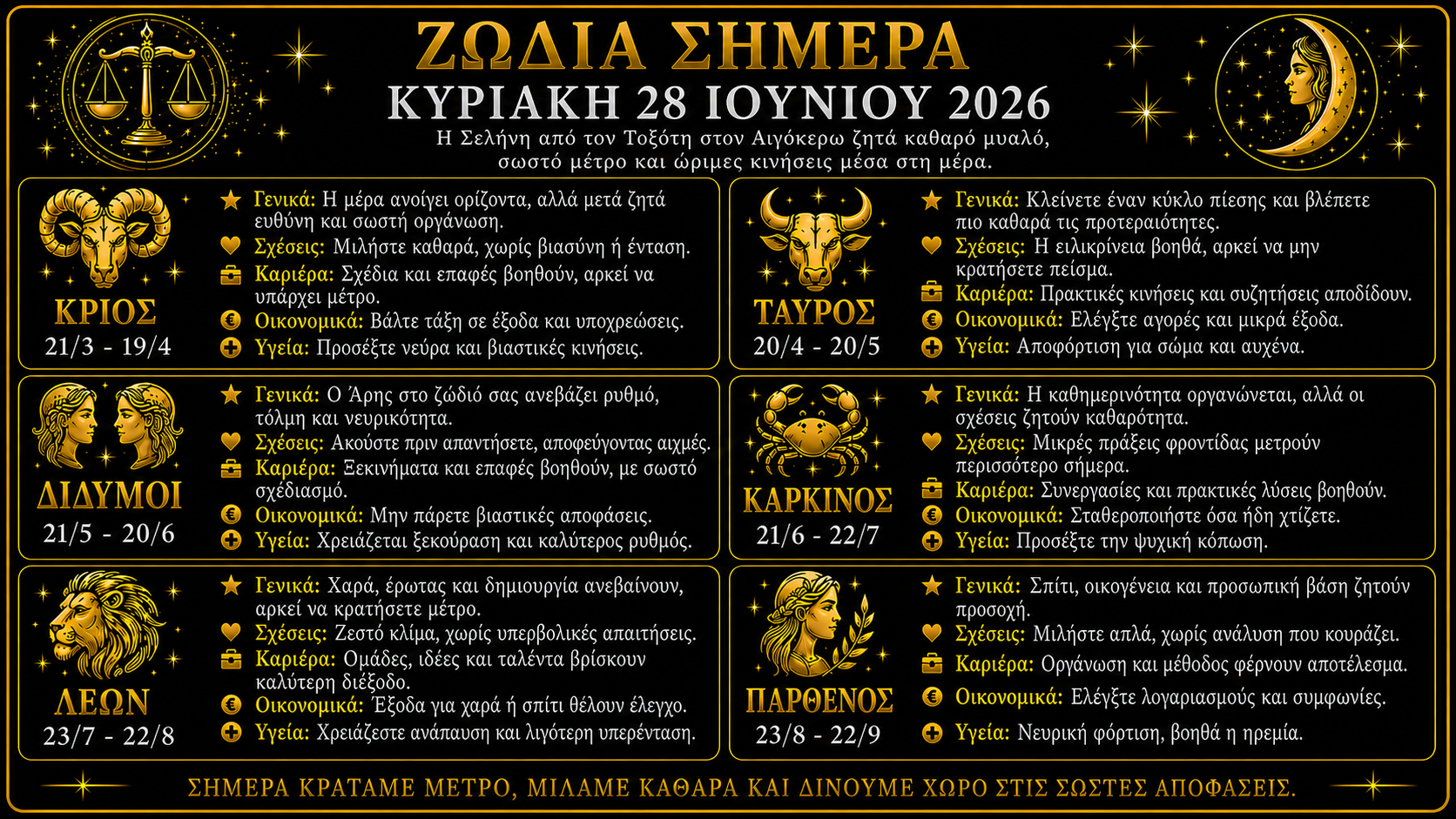 Η εβδομάδα που ξεκινά τη Δευτέρα 29 Ιουνίου 2026 έχει έντονο χαρακτήρα επανεκκίνησης, αλλά όχι με την έννοια της βιαστικής νέας αρχής. Ο Ερμής γυρίζει ανάδρομος στον Καρκίνο από τις 29 Ιουνίου έως τις 23 Ιουλίου, φέρνοντας πίσω οικογενειακές υποθέσεις, παλιές συζητήσεις, συναισθηματικές εκκρεμότητες και θέματα που ζητούν δεύτερη ματιά, όχι παρορμητικές αποφάσεις.