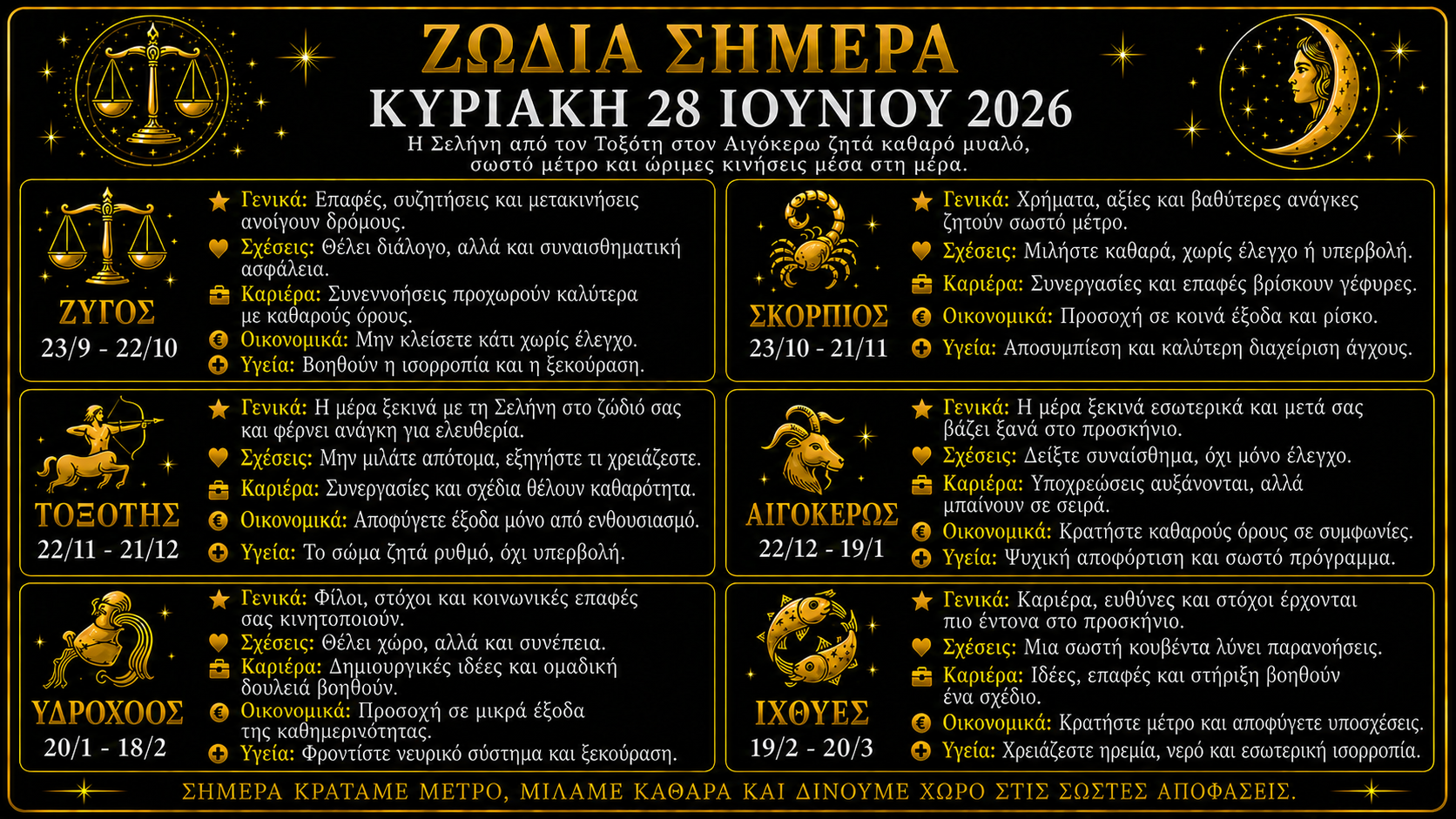 Η Κυριακή 28 Ιουνίου 2026 φέρνει Σελήνη από τον Τοξότη στον Αιγόκερω, εξάγωνο Άρη - Δία και είσοδο του Άρη στους Διδύμους. Η ημέρα ανοίγει δρόμους, αλλά απαιτεί προσοχή σε λόγια, υποσχέσεις, μετακινήσεις και αποφάσεις, καθώς ο Ερμής ετοιμάζεται να γυρίσει ανάδρομος στον Καρκίνο.