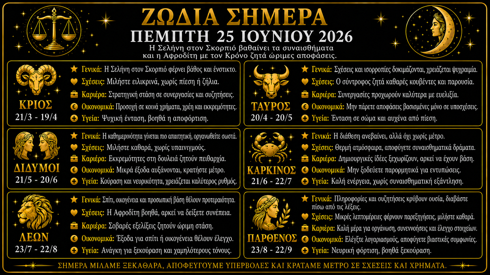 Η σημερινή μέρα μοιάζει με εσωτερικό φίλτρο. Δεν αρκεί να μας αρέσει κάτι, πρέπει να δούμε αν στέκεται. Δεν αρκεί να νιώθουμε έλξη, πρέπει να καταλάβουμε αν υπάρχει αξιοπιστία.
