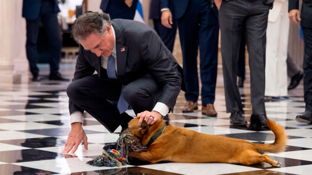 Ο Πίνατ έκλεψε την παράσταση στη συζήτηση για τα ενεργειακά στο Μαξίμου: Το παιχνίδι και το χάδι από τον υπουργό Εσωτερικών των ΗΠΑ, Νταγκ Μπέργκαμ