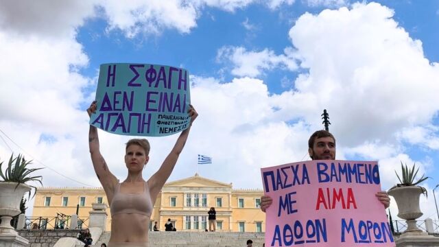 Διαμαρτυρία βίγκαν ακτιβιστών στο Σύνταγμα κατά της θανάτωσης αρνιών και κατσικιών για το Πάσχα - 