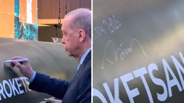 Ερντογάν: Η στιγμή που υπογράφει πάνω στον νέο υπερηχητικό πύραυλο Tayfun 4 (Βίντεο)