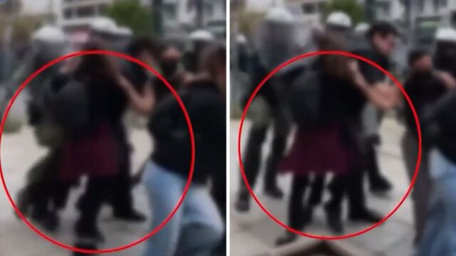 Αμπελόκηποι: Αστυνομικός των ΜΑΤ κλωτσάει και σπρώχνει διαδηλώτρια που πέφτει σε ζαρντινιέρα (Βίντεο)