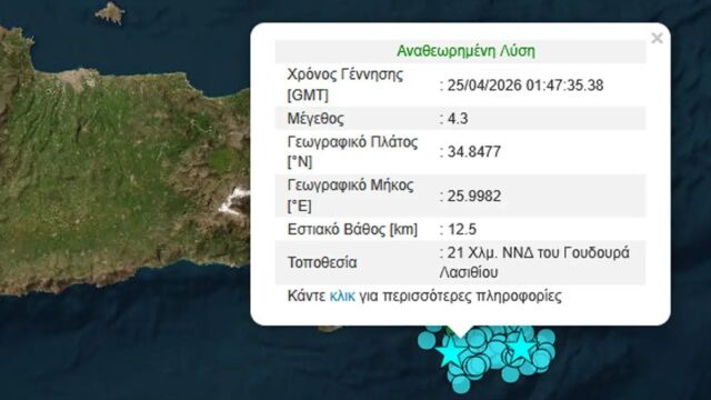 Κρήτη: Νέα σεισμική δόνηση 4,3 Ρίχτερ ανοιχτά του Γούδουρα Λασιθίου