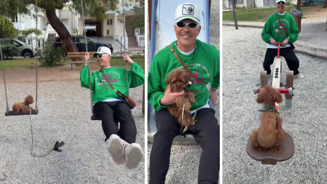 Λάκης Γαβαλάς: Παιχνίδια σε παιδική χαρά με το σκυλάκι του - Το βίντεο με κούνια και τραμπάλα που έγινε viral